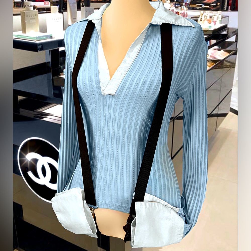Y2K 1990’s Vintage Blue Cuffed Collar Tee w/ black suspenders